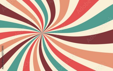 retro starburst or sunburst background vector pattern with a vintage color palette of red pink peach teal blue brown and beige in a spiral or swirled radial striped design