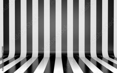 Black and white vertical lines on wall and floor studio background 3D render