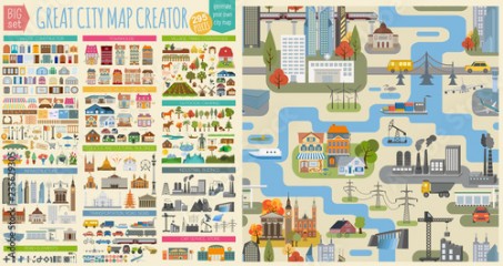 Great city map creator.Seamless pattern map and Houses, infrastructure, industrial, transport, village and countryside set. Make your perfect city