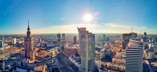 WARSAW, POLAND - NOVEMBER 20, 2018: Beautiful panoramic aerial drone view to the center of Warsaw City and Palace of Culture and Science - a notable high-rise building in Warsaw, Poland