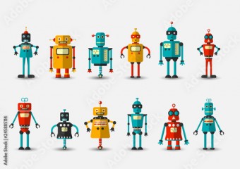 Retro vintage funny vector robot set icon in flat style isolated on grey background. Vintage illustration of flat Chatbot icon collection. Set of Cute cartoon retro robot icons, vintage chat bot set