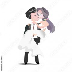  Wedding clipart . Illustration groom and bride. Cartoon character man in back suit and woman in white bridal gown for invitation card template.