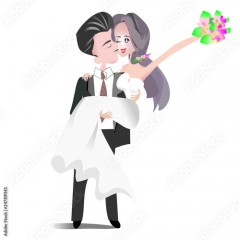 Wedding clipart . Illustration groom and bride. Cartoon character man in back suit and woman in white bridal gown for invitation card template.