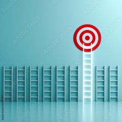 The longest neon light ladder reaching for the bright goal target dartboard the business creative idea concepts on green pastel color wall background with shadows and reflections 3D rendering