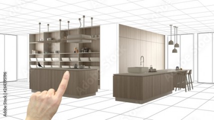 Unfinished project, under construction draft, concept interior design sketch, hand pointing real wooden kitchen with blueprint background, architect and designer idea