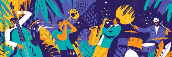 Jazz quartet. Musicians performing music on abstract floral background.