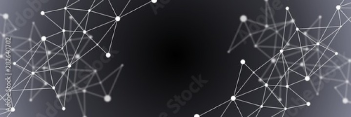 Black and grey abstract futuristic crypto blockchain illustration. White dots and shapes in triangles for website header or banner design