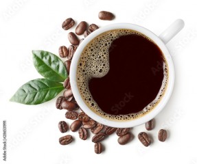 Cup of black coffee with beans and leaves