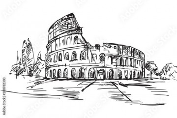 Rysynek ręcznie rysowany. Starożytne centrum Rzymu. Widok na Koloseum