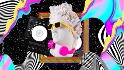 Apollo in headphones and sunglasses on a cosmic background. Concept art collage. Poster design.