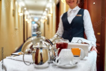All that you need. Waitress in uniform delivering tray with food in a room of hotel. Room service. Focus on tableware