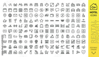 Hotel icons set. Rental property isolated icons. Set of apartment reservation, hotel booking, rent hostel room, airport shuttle, room area, flat rent, five-star hotel, service line vector web icon