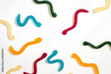 baby worm candy in the form of worms made of natural products and gelatin, worms slip into the center of the white sheet