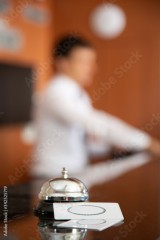 Modern luxury hotel reception counter desk with bell 