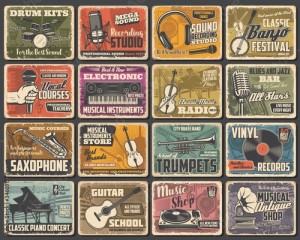 Music instruments shop, live concert and recording studio, vector retro posters. Classic music radio, guitar store, jazz fest saxophone and piano school, singer vocals courses and blues bar