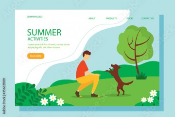 Man playing with the dog in the Park. Conceptual illustration of outdoor recreation, active pastime. Summer vector illustration in flat style.