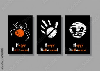 Mummy, handprint and spider. Set of Halloween greetings cards. Three vector illustrations.