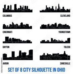 Set of 8 city silhouette in Ohio ( Columbus, Cleveland, Cincinnati, Youngstown, Dayton, Toledo, Akron, Zanesville )