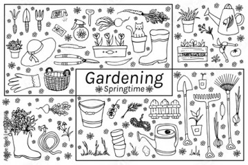 Set hand drawn vector isolated elements. Gardening. Springtime. Illustration of a garden tools, plants, flowers, vegetables.