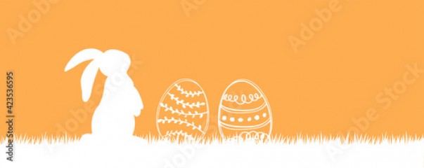 Happy Easter. Green and orange easter background card with eggs and rabbit. Vector illustration great for package banner