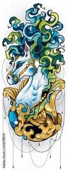 Kolorowa ilustracja niebieskiego konia w stylu tatuażu. Projekt graficzny konia z bujną grzywą, zielone włosy.