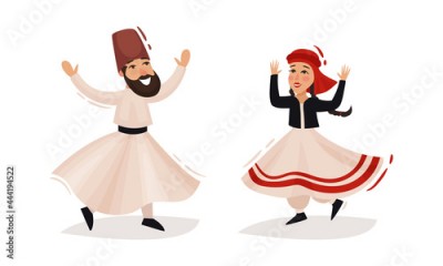 Turkey Culture Traditional Symbols with Man and Woman Wearing National Clothing Vector Set
