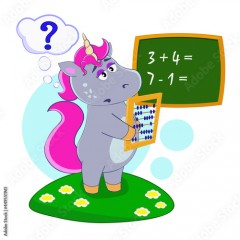 Cartoon unicorn counting examples on board