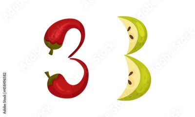 Number 3 Three made of fresh hot chilli pepper and apple cartoon vector illustration