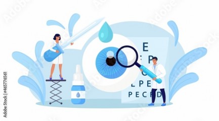 Ophthalmology concept. Ophthalmologist Doctor Checks Patient Eyesight. Optical Test for Eyes, Spectacles Technology. Good Vision and Eye Care. Ophthalmological Sight Examination and Treatment. Vector 