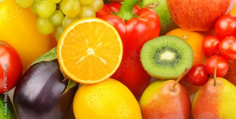 background from various fruits and vegetables. Wide photo.