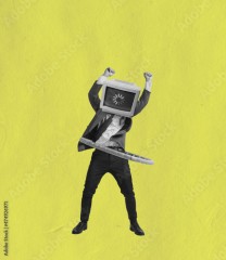 Contemporary art collage of man in a suit with retro computer head twisting wrap isolated over yellow background