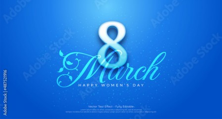 Realistic 8 march womens day background with soft blue style 3d number