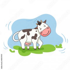Cow in the meadow. Children's illustration. Cute vector illustration. Dairy theme.
