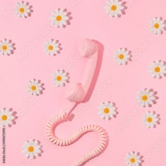Spring creative layout with pink retro phone handset and white flowers on pastel pink. 80s or 90s retro fashion aesthetic telephone and flowers concept. Minimal romantic communication idea.
