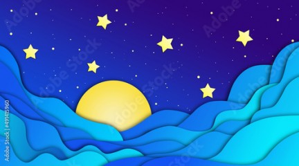 noc, księżyc, gwiazdy i fale na morzu