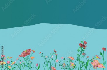 Ilustracja motyw roślinny kolorowe kwiaty na niebieskim tle 