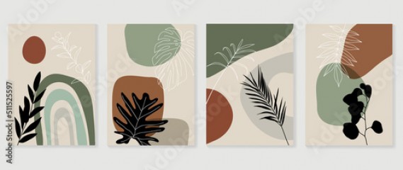 Set of abstract foliage wall art vector. Leaves, organic shapes, earth tone colors, leaf branch in line art style. Line wall decoration collection design for interior, poster, cover, banner. 