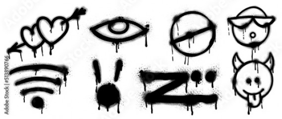 Set of black graffiti spray pattern. Collection of symbols, heart, eye, icon, mark and sign with spray texture. Elements on white background for banner, decoration, street art and ads.