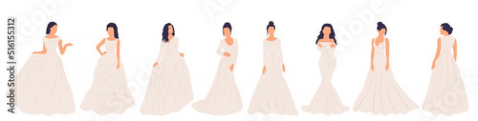 bride woman set in flat style, isolated, vector