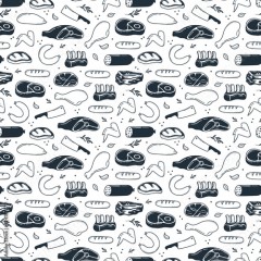 pattern of hand drawn meat products. illustration drawn in doodle style