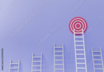 Target reaching concept, an individual ladder meets goal in the form of target, while ordinary others are behind. 3D rendering.