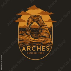 Vector illustration of Arches National Park, hand drawn line style with digital color