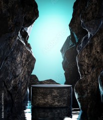 Podium Product Display Stone Cliff Rock Landscape 3D Render Blue Light