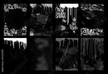 Street Monochrome Overlay Texture Stamps. Vector street art set with effect spray, grainy, graffiti, dust, dripping paint, bombing, grunge. Overlay texture with spray and graffiti tags. Vector stamps 