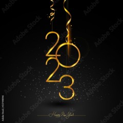 Happy New Year 2023 with isolated on black background, text design gold colored, vector elements for calendar and greeting card.