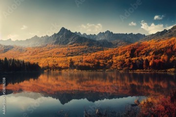 Autumn on the lake in the mountains. Mountain autumn landscape. Autumn mountain landscape. Mountains in autumn