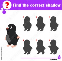 Educational game for children. Find the correct shadow. Cute mole