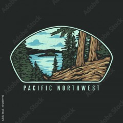 Pacific Northwest, hand drawn line style with digital color, vector illustration