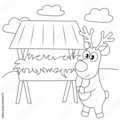 Cute deer in the winter forest at the feeder with hay. Coloring book for children