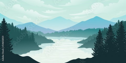 Silhouette of nature landscape. Mountains, forest in background. Blue and green illustration